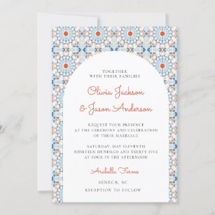 Invitation Blue Orange Oriental Arch Marocain Mariage du dése