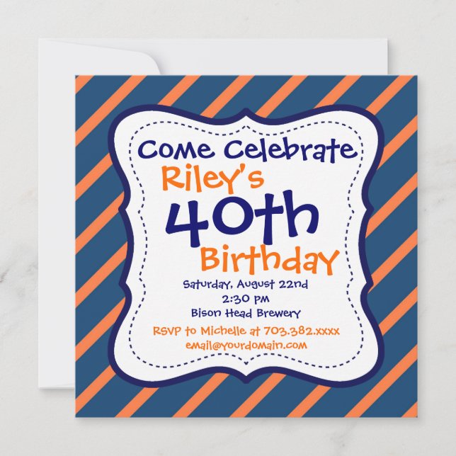 Invitation Blue Orange Stripes 40e anniversaire de fête Invit (Devant)