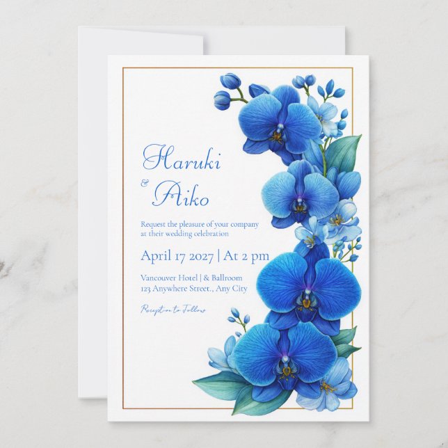 Invitation Blue Orchid Gold Geometric Wedding (Devant)
