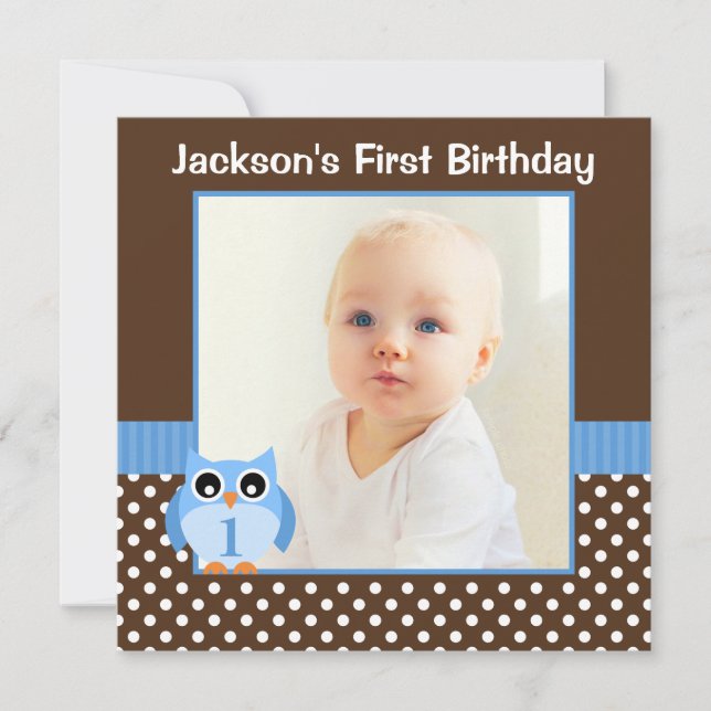 Invitation Blue Owl Brown Polka Dot 1er Birthday Boy Photo (Devant)