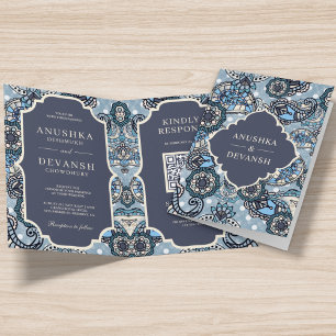 Invitation Blue Paisley Motif QR Code Mariage indien
