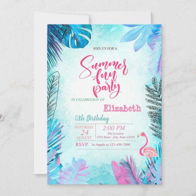 Invitation Blue Palm Feuille Flamant rose rose été Anniversai (Devant)