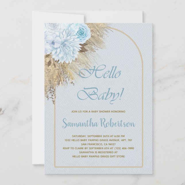 Invitation Blue Pampas Grass Boho Floral Boho Baby shower gar (Devant)