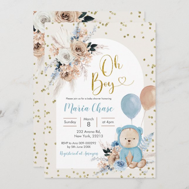Invitation Blue Pampas Grass Boho Ours Baby shower garçon (Devant / Derrière)