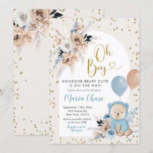 Invitation Blue Pampas Herbe Boho Ours Garçon Baby shower Inv