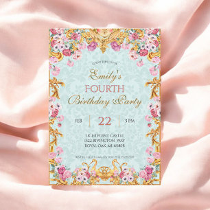 Invitation Blue Pastel Gold Quatrième Rococo baroque Annivers
