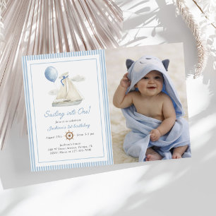 Invitation Blue Pastel Nautical Sail Boat 1er Anniversaire Ph