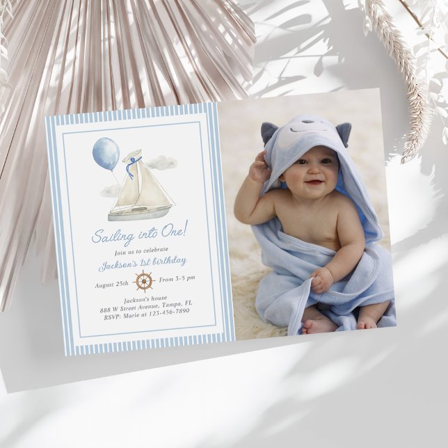 Invitation Blue Pastel Nautical Sail Boat 1er Anniversaire Ph (Créateur téléchargé)