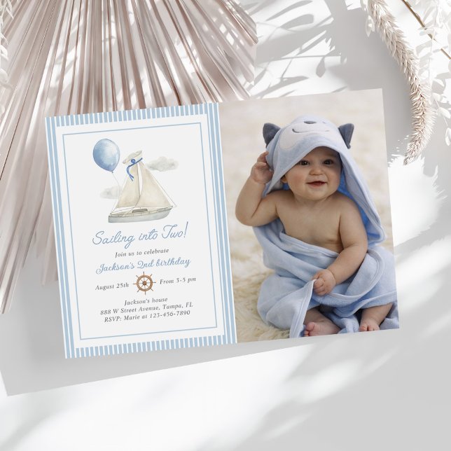 Invitation Blue Pastel Nautical Sail Boat 2e anniversaire Pho (Créateur téléchargé)
