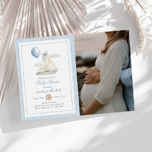 Invitation Blue Pastel Nautical Voilier Baby shower Photo