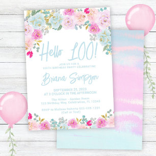 Invitation Blue Peach Purple Floral 100e fête d'anniversaire