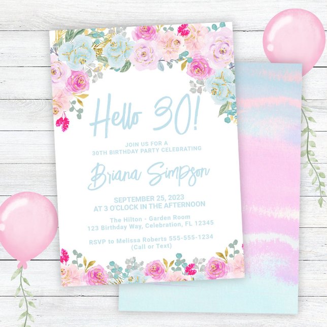 Invitation Blue Peach Purple Floral 30e fête d'anniversaire (Créateur téléchargé)