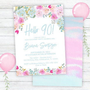 Invitation Blue Peach Purple Floral 90ème anniversaire fête