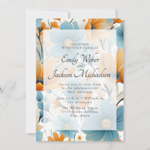 Invitation Blue Peach Watercolor Mariage floral