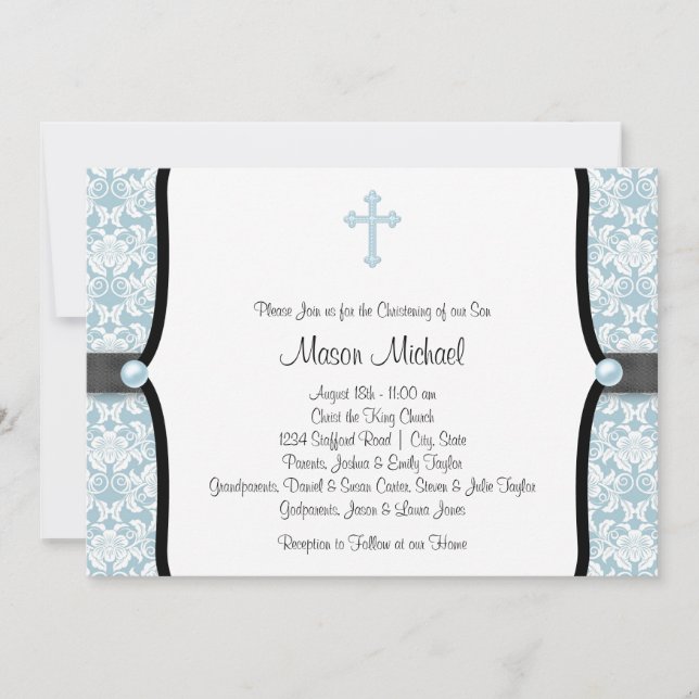 Invitation Blue Pearl Croix Bleu Noir Damas Christening (Devant)