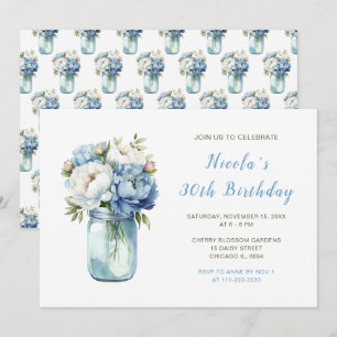 Invitation Blue Peonies Mason Jar fête d'anniversaire
