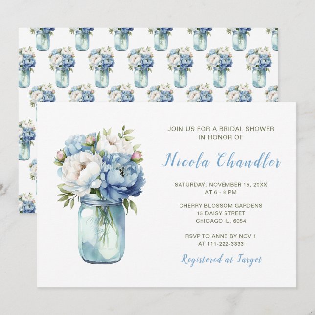 Invitation Blue Peonies Mason Jar Fête des mariées (Devant / Derrière)