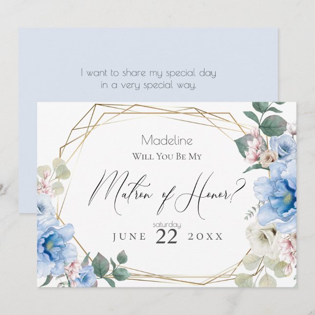 Invitation Blue Peony Flowers Serez-vous mon maître d'honneur (Devant / Derrière)