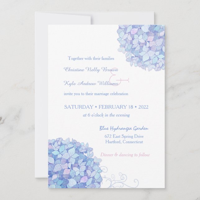 Invitation Blue Periwinkle Hydrangeas Jardin Mariage (Devant)