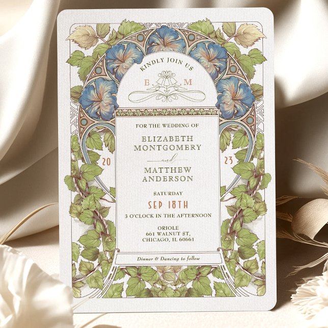 Invitation Blue Petunia Vintage Wedding Art Nouveau Mucha (Créateur téléchargé)