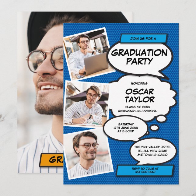 Invitation Blue Photo Collage Moderne Fun Graduation Party (Devant / Derrière)