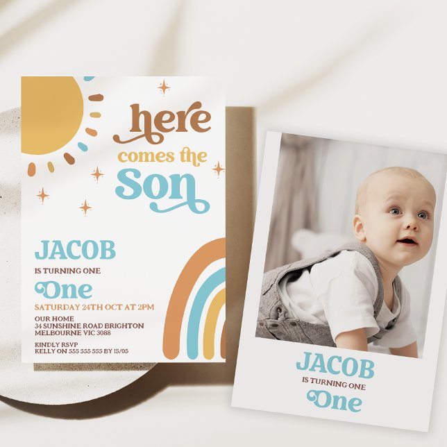 Invitation Blue Photo Retro Voici Le Soleil 1er Anniversaire (Here comes the sun 1st birthday invitation boy, Sun birthday party invite, Retro sunshine birthday)