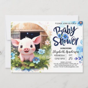 Invitation Blue Pig's Barnyard Bash Baby shower d'aventure