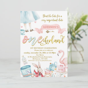 Invitation Blue Pink Gold Alice dans l'Onederland 1er anniver