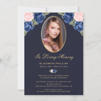 Invitation Blue Pink Gold Floral Photo Memorial Funérailles