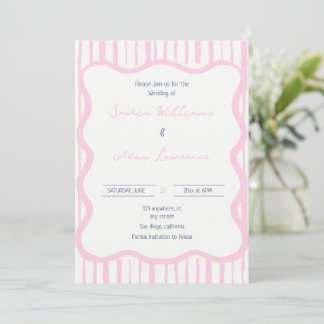 Invitation Blue pink Hand Written Pinstripe Whimsical Wedding