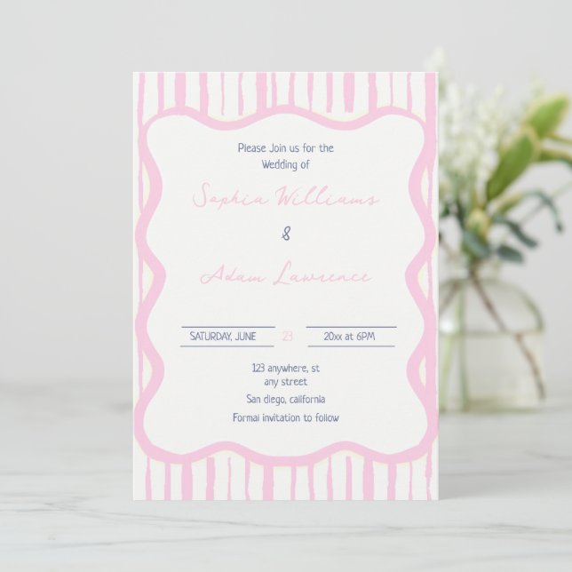 Invitation Blue pink Hand Written Pinstripe Whimsical Wedding (Debout devant)