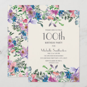 Invitation Blue Pink Purple Floral Femmes 100e anniversaire