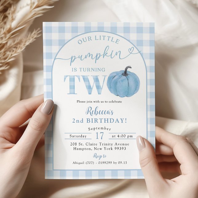 Invitation Blue Plaid Preppy Citrouille Boy 2e anniversaire (Créateur téléchargé)
