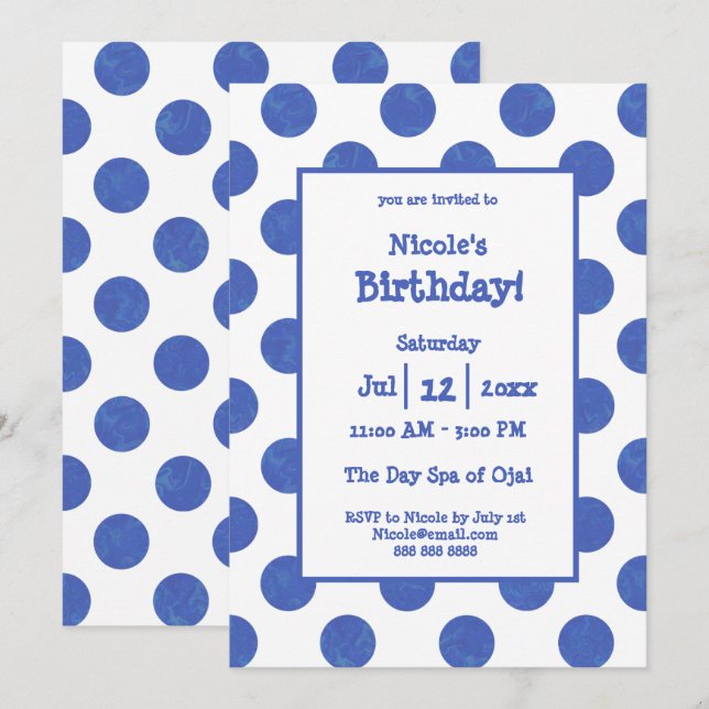 Invitation Blue Polka Dot Birthday Party (Devant / Derrière)