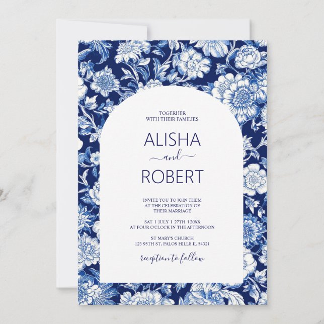 Invitation Blue Porcelain Chinoiserie Floral Mariage (Devant)