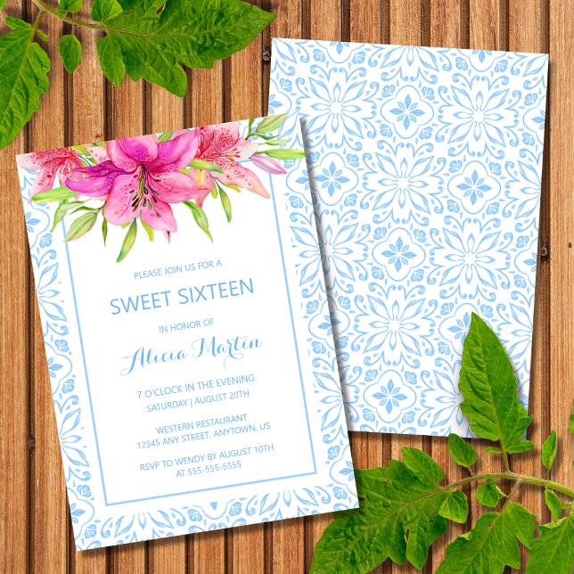 Invitation Blue Portugais Azulejo Tiles Lily 16e anniversaire (Créateur téléchargé)