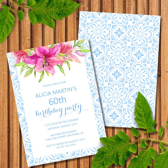 Invitation Blue Portugais Azulejo Tiles Lily Anniversaire (Créateur téléchargé)