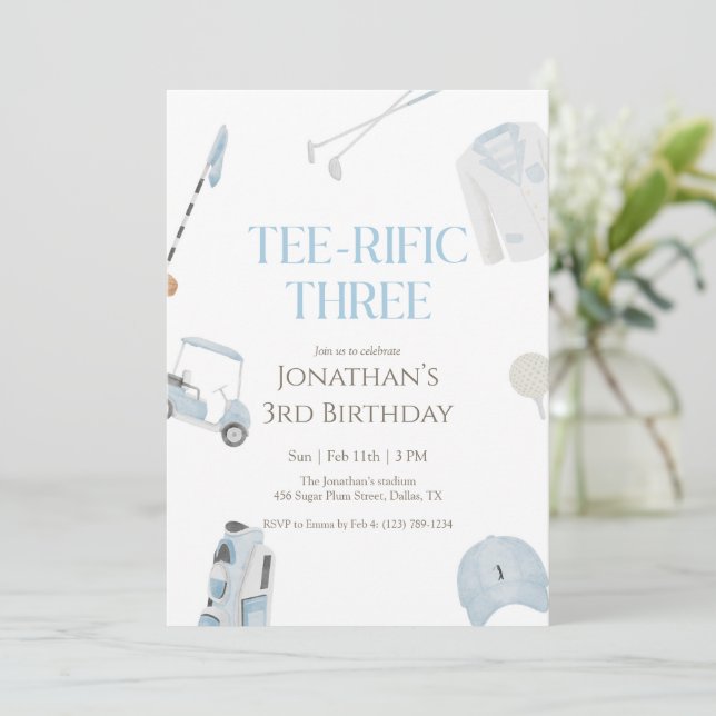 Invitation Blue Preppy Tee-Rific Three Golf Birthday (Debout devant)
