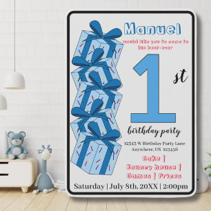 Invitation Blue Présent 1er Anniversaire Fête Enfants