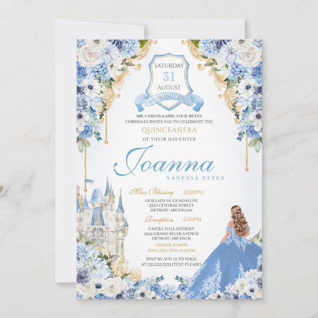 Invitation Blue Princess Cinderella Royal Quinceanera v6 (Devant)