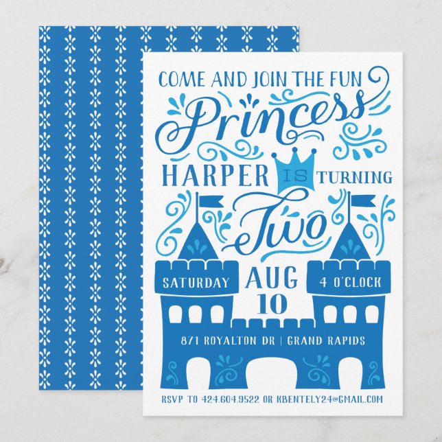 Invitation Blue Princess Winter Deuxième fête d'anniversaire (Devant / Derrière)