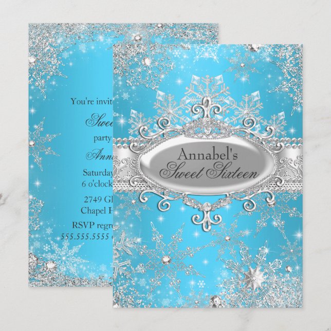 Invitation Blue Princess Winter Wonderland Sweet 16 Invitatio (Devant / Derrière)