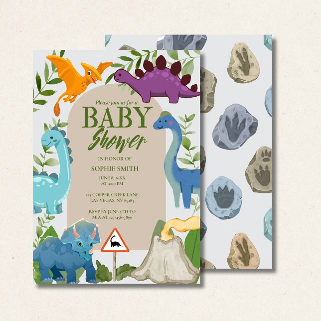 Invitation Blue, Purple Dinosaurs, Volcano T-Rex Baby Shower  (Créateur téléchargé)