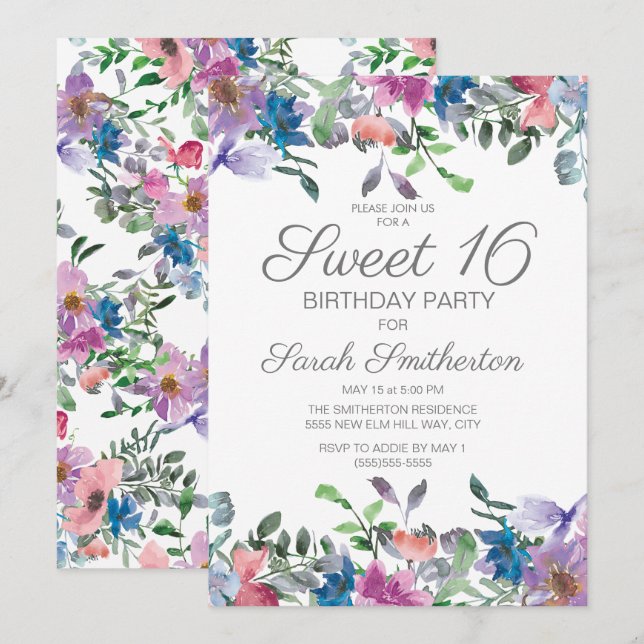 Invitation Blue Purple Floral Sweet 16 Anniversaire (Devant / Derrière)