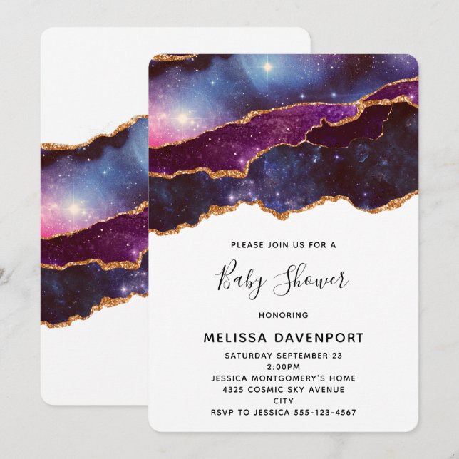 Invitation Blue & Purple Space & Stars Baby shower moderne (Devant / Derrière)