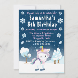 Invitation Blue Purple & White Winter Unicorne fête d'anniver