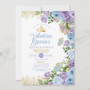 Invitation Blue Quinceañera 15 Anos Fleurs violettes Couronne