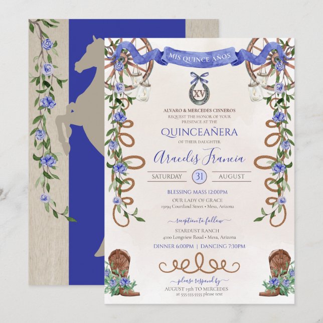 Invitation Blue Quinceanera Rustic Western Charro (Devant / Derrière)