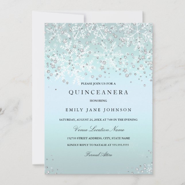 Invitation Blue Quinceanera Winter Wonderland Snowflakes (Devant)