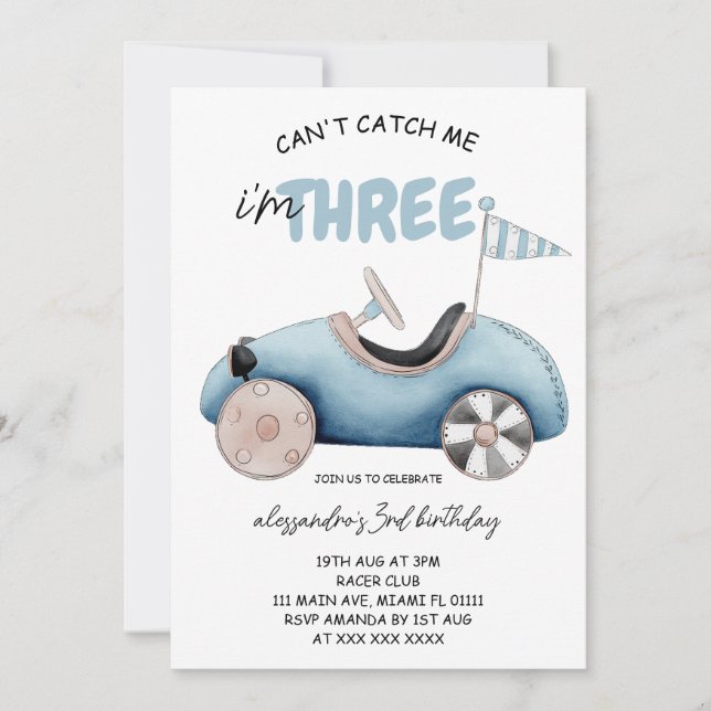 Invitation Blue Race Car 3e anniversaire (Devant)
